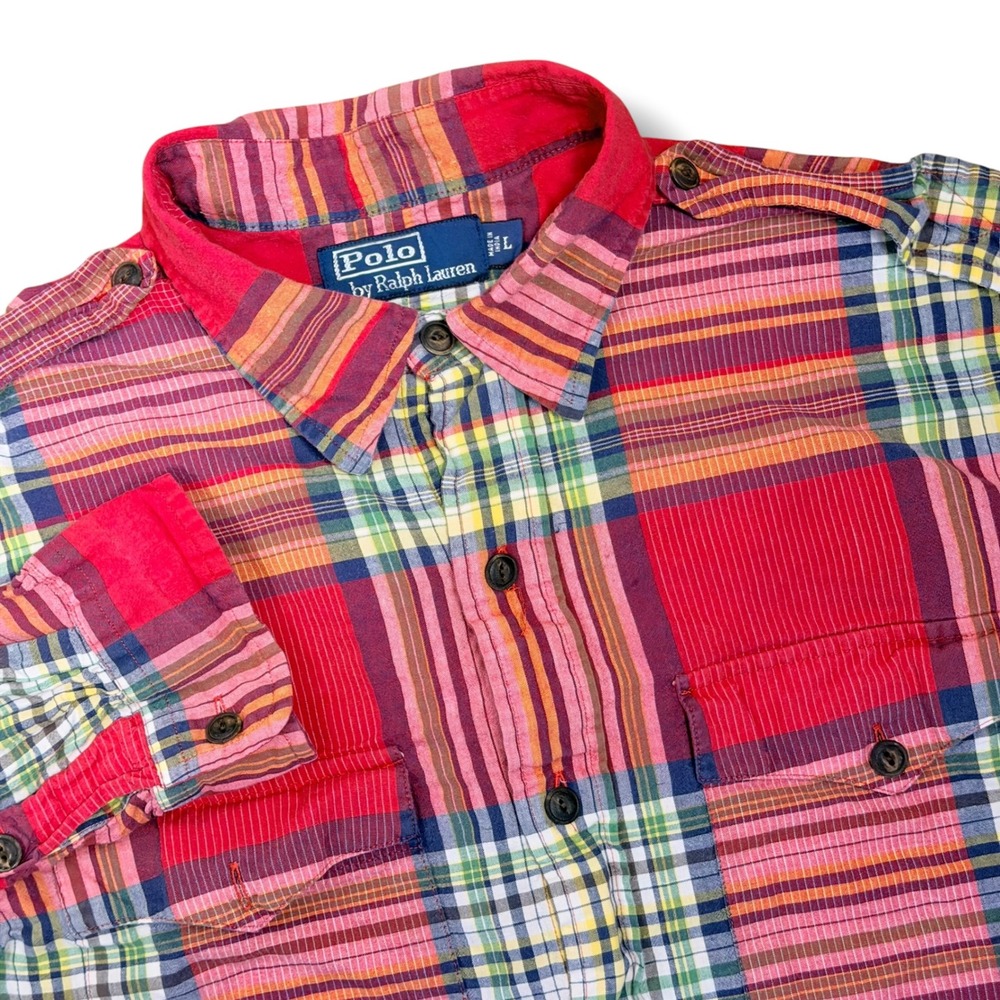 Vintage Polo Ralph Lauren Button Down Shirt Men L Red Madras Plaid Cotton 90s